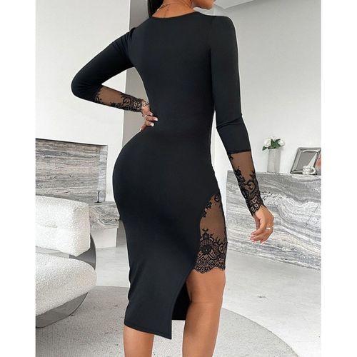 Kadın Uzun Kollu Geometrik Yakalı Dantel Detaylı Midi Ithal Krep Elbise