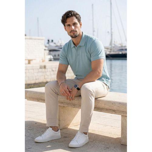 Orlando Polo Yaka Pike Kumaş Relaxed Fit Basic Düğmeli Relaxed Fit Erkek T-Shirt - Açık Mavi