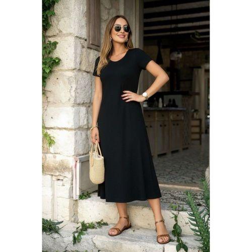 Kadın Kısa Kollu V Yakalı Yırtmaçlı Midi Viskon Elbise