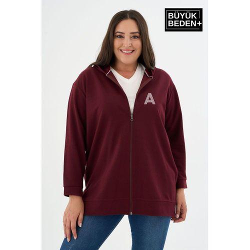 Kadın Tunik Büyük Beden A Baskılı Fermuarlı Kapşonlu Sweat Hırka SPR26BTK955-1