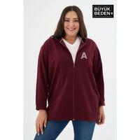 Kadın Tunik Büyük Beden A Baskılı Fermuarlı Kapşonlu Sweat Hırka SPR26BTK955-1