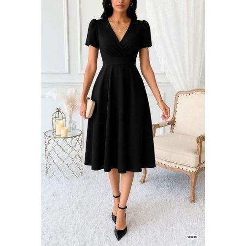 Kadın Kruvaze Yaka Kısa Kollu Midi Boy Krep Kumaş Elbise