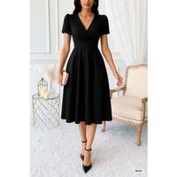 Kadın Kruvaze Yaka Kısa Kollu Midi Boy Krep Kumaş Elbise