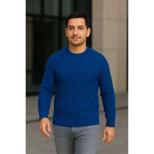 Erkek Fitilli Triko Bisiklet Yaka Kalın Kazak 3lü Set Beyaz-Saks Mavisi-Siyah
