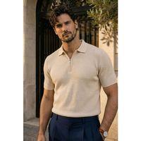 Jeff Selanik Örgü Polo Yaka Yarım Fermuarlı İnce Triko Erkek T-Shirt - Bej