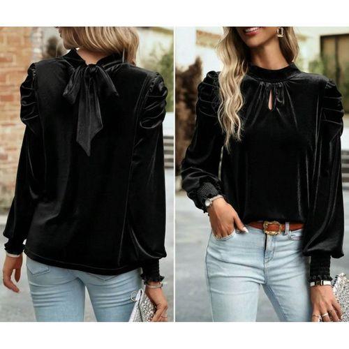 Kadın Uzun Kollu Balıkçı Yaka Damla Detaylı Kadife Bluz
