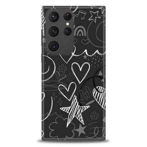 Samsung Galaxy S23 Ultra Kılıf HD Baskılı Kılıf - Siyah Kalp ve Notalar + Tam Ekran Koruyucu