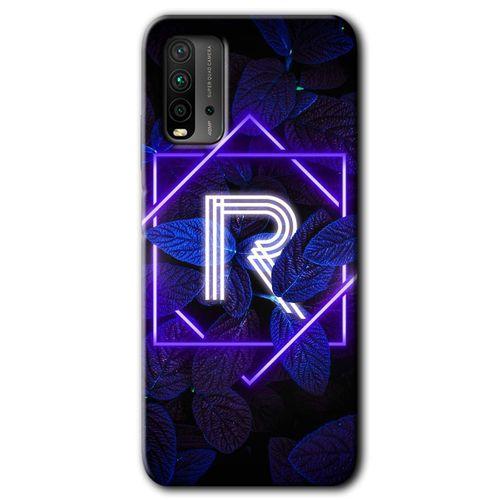 MRCİLETİSİM Poco M3 Kılıf HD Desen Baskılı Arka Kapak + Temperli Cam - Dark Neon Yaprak R Harfi