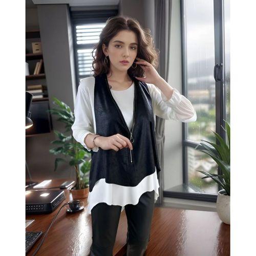 Pilelistore Kadın Uzun Kol Asimetrik Kesim Bluz Ve Asimetrik Kesim Fermuar Detay Deri Yelek Ikili Takım