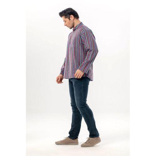 Uzun Kol Şile Bezi Tek Cepli Hakim Yaka Erkek Yazlık Tshirt Mor Çizgili 3072