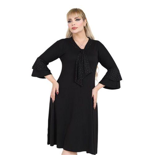 Melsay Butik Taş Baskılı Fularlı Siyah Truvakar Kol Kadın Midi Elbise