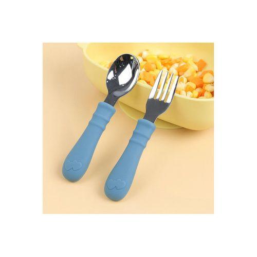 Silikon Saplı Paslanmaz Çelik Bebek Kaşık Çatal Seti Mavi