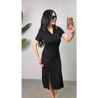 Kadın Polo Yaka çift Yırtmaç Detay Modal Kumaş Midi Boy Elbise