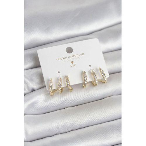 Gold Renk Pirinç Zirkon Taşlı Kadın Küpe