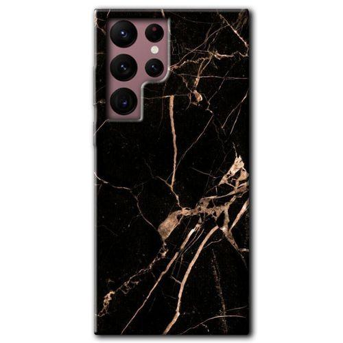 MRCİLETİSİM Samsung Galaxy S22 Ultra Kılıf HD Desen Baskılı Arka Kapak + Temperli Cam - Siyah Gold Mermer