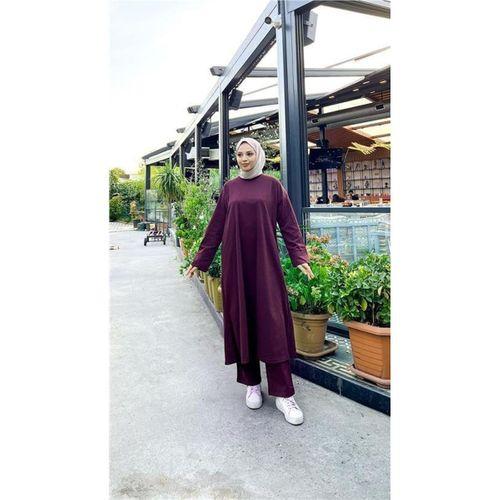 O Yaka Yırtmançlı Uzun Geniş Rahat Tunik Pantolon Sade Basic Spor Takımı - 03040.020 - Mürdüm
