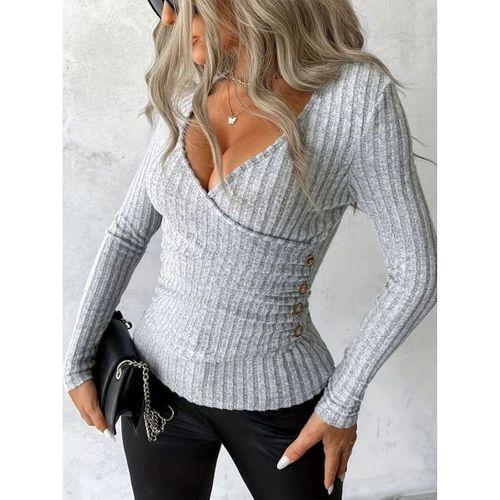 Kadın Uzun Kollu Kruvaze Yaka Yandan Düğme Detaylı şardonlu Kaşkorse Bluz