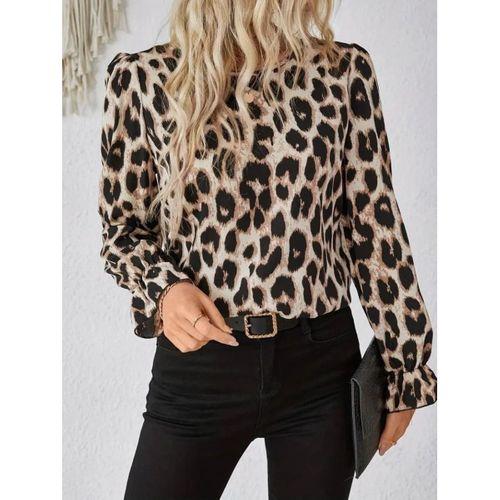 Kadın Uzun Kollu Arkadan Fiyonk Detaylı Leopar Desenli Süprem Bluz