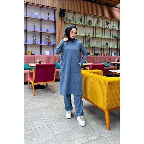 Kapşonlu Yandat Çıtçıtlı Sade Basic Uzun Tunik ve Pantolon İkili Spor Takım - 03071.006 - İndigo