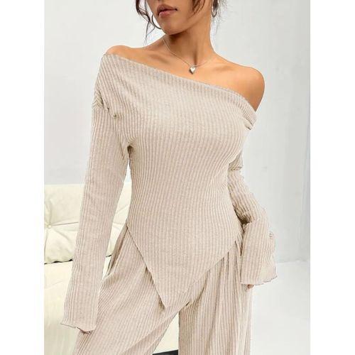 Kadın Uzun Kollu Omuzlardan Açık Asimetrik Kesim Kaşkorse Bluz Ve Pantolon Ikili Pantolon