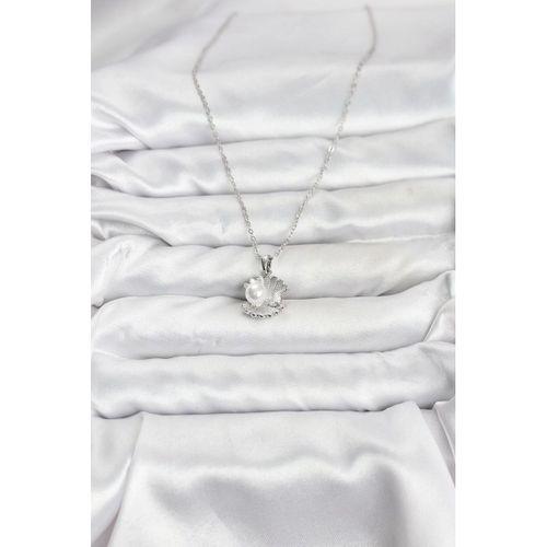 316L Çelik Zincir Gümüş Renk İstiridye İnci Model Zirkon Taşlı Kadın Kolye