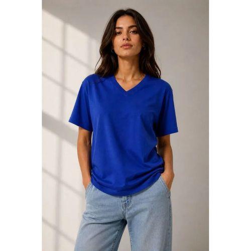 V Yaka Basic Tişört Kısa Kol Yazlık Regular Fit T-Shirt - Saks Mavisi