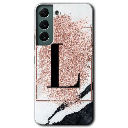 Samsung Galaxy S22 HD Baskılı Kılıf + 9D Tam Ekran Koruyucu - Pembe Mermer Desenli L Harfi