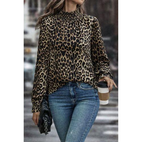 Kadın Uzun Kollu Gipe Detaylı Balıkçı Yaka Leopar Desenli Süprem Bluz