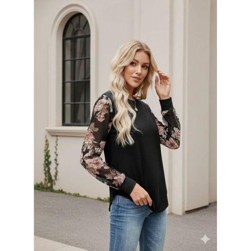 Kadın Uzun Kollu Bisiklet Yakalı Kolun çiçek Desenli Viskon Iki Iplik Bluz