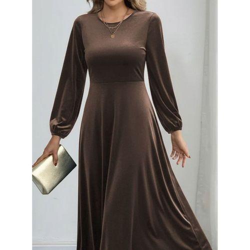 Kadın Uzun Kollu Bisiklet Yaka Midi Kadife Elbise