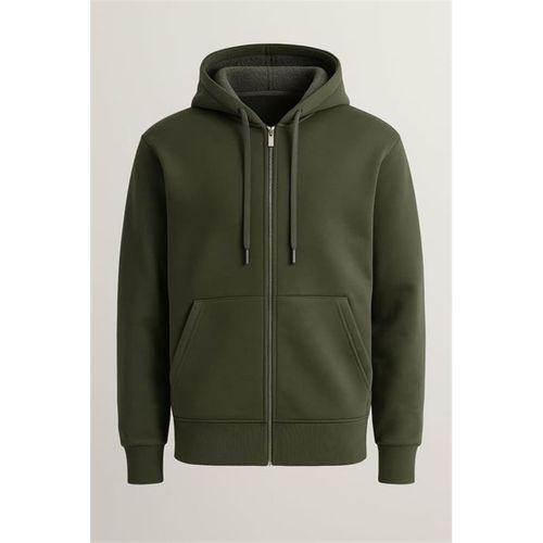 İçi Peluş Üç İplik Kumaş Oversize Fermuarlı Kapüşonlu Sweatshirt - Çam Yeşili