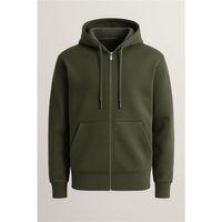 İçi Peluş Üç İplik Kumaş Oversize Fermuarlı Kapüşonlu Sweatshirt - Çam Yeşili