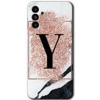 Potkal Hediye Fabrikası Samsung Galaxy A13 5G HD Baskılı Kılıf + 9D Tam Ekran Koruyucu-Pembe Mermer Desenli Y Harfi