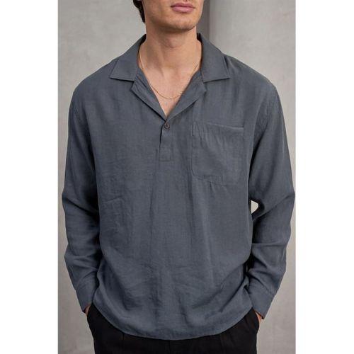 Sartre Apaş Yaka Tek Cepli İnce Modal Kumaş Oversize Uzun Kollu Yazlık Gömlek - Füme