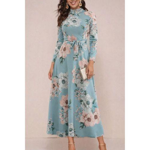 Kadın Uzun Kollu Yuvarlak Yakalı Beli Kuşaklı Desenli Süprem Uzun Elbise