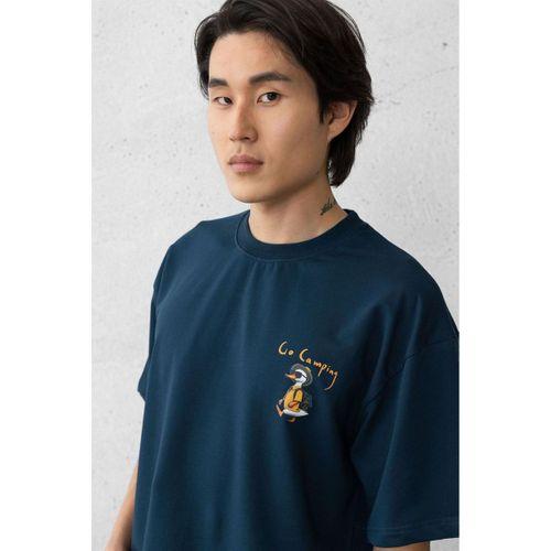 Cep Baskılı İki İplik Kumaş Pamuklu Oversize Erkek T-Shirt - Prusya Mavisi