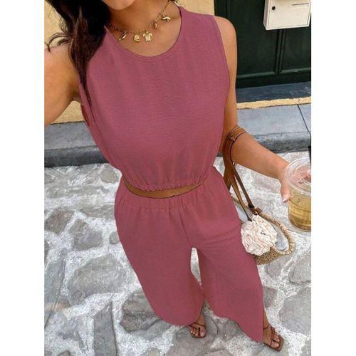 Kadın Yırtmaçlı Geniş Paça Pantolon Lastikli Kolsuz Bluz Takım