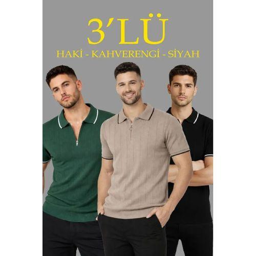 Erkek 3’lü Paket Dokuma Triko  Fermuarlı Yakalı Fitilli Kısa Kollu Regular Fit Tişört - Kahverengi, Haki, Siyah