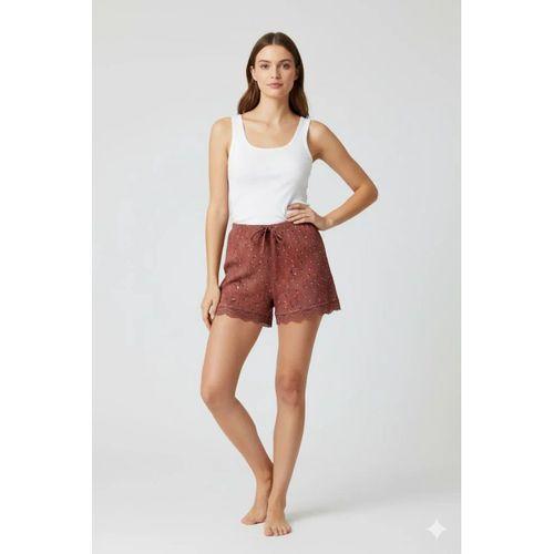 Düz Renk Mini Çiçek Desenli Penye Kadın Ev Şortu Bacak Dantel Detaylı Ev Giyim Taba