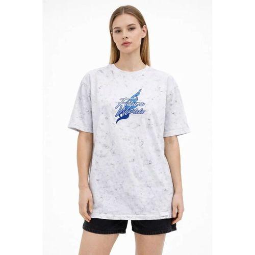 Asit Yıkamalı Oversize Tişört Future Worlds Baskılı Bisiklet Yaka Kısa Kollu Streetwear %100 Pamuk Street Style T-Shirt - Beyaz