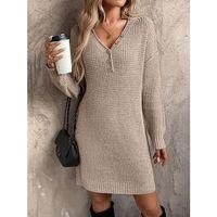 Kadın Uzun Kollu V Yakalı Düğmeli Mini Triko Taş Renkli Elbise