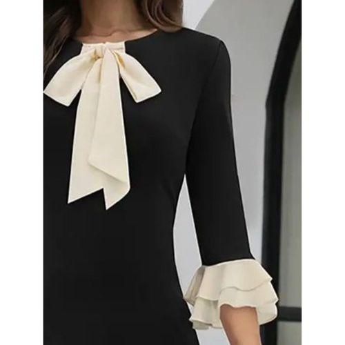 Kadın Truvakar Kollu Fiyonk Yakalı Midi Ithal Krep Elbise