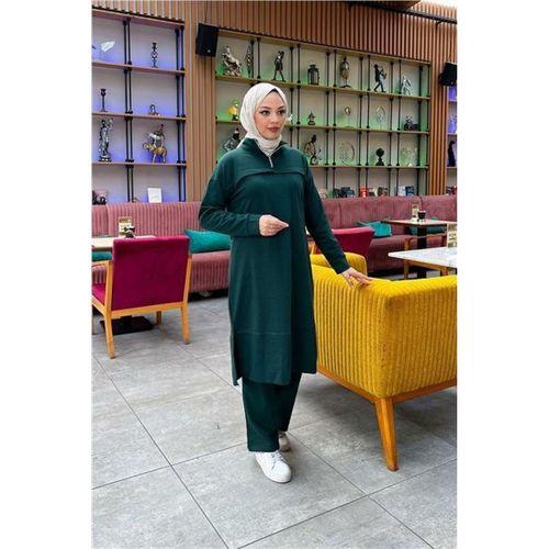 Dik Yaka Kısa Fermuarlı Yırtmaçlı Sade Basic Uzun Tunik ve Pantolon İkili Spor Takım - 03062.021 - Nefti