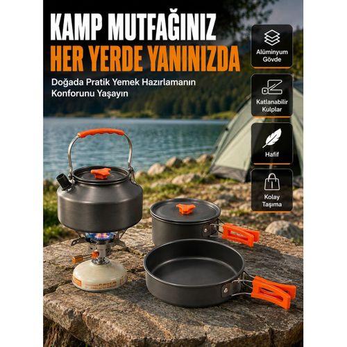 Katlanabilir Kulplu Alüminyum Kamp Tencere Tava Çaydanlık Seti Piknik Ve Doğa Kampı İçin