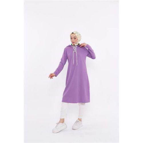 Eflin Yakadan Bağlamalı Kapşonlu Uzun Sweatshirt - 03030.018 - Leylak