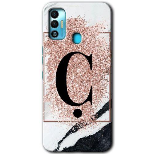 Tecno Spark 7T HD Baskılı Kılıf + 9D Tam Ekran Koruyucu - Pembe Mermer Desenli Ç Harfi