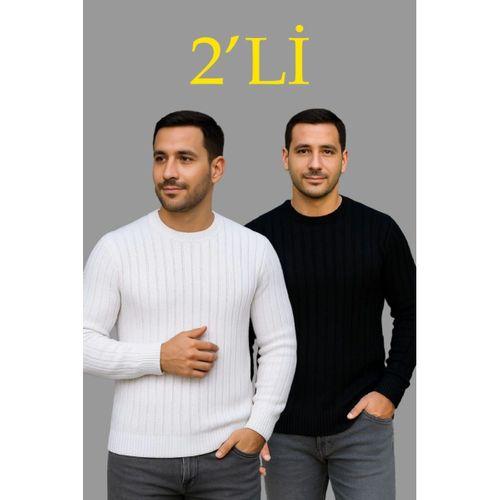 Erkek Fitilli Triko Kazak 2’li Set – Siyah - Beyaz, Kalın Dokuma Pamuklu Regular Fit Bisiklet Yaka Uzun Kollu Rahat Kışlık Kazak Kombini