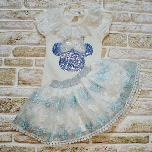 1-2-3 Yaş Payetli Mickey Nakışlı Kısa Kollu Brode Etekli 2li Kız Bebek Takımı Turkuaz
