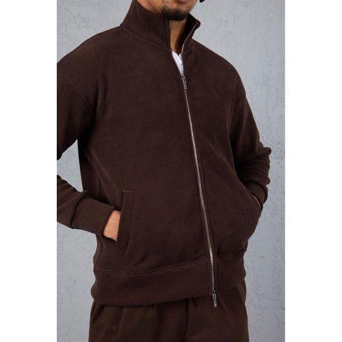 Ron Selanik Örme İçi Peluş Çift Fermuarlı Dik Yaka Erkek Hırka Sweatshirt  - Kahve