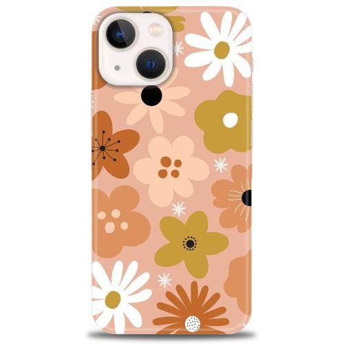 iPhone 14 Plus Kılıf HD Baskılı Kılıf - Kahveli Çiçekler + Tam Ekran Koruyucu